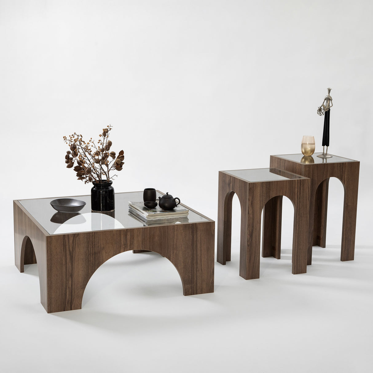 Măsuță de cafea Seine Set, Diverse culori - Transparent - Nuc | SKU: 552NOS2422 | Măsuță de cafea Seine Set, varianta Transparent - Nuc, produs pentru amenajarea locuinței, disponibil online în România la CasaMob