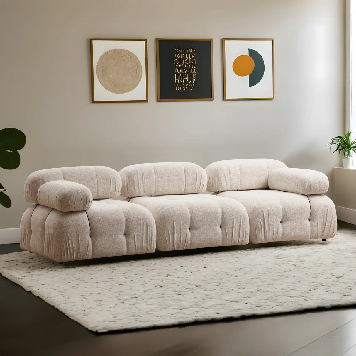 Canapea fixă 3 locuri Bubble (L1-O1-1R) - Bouclette, Crem, 95x65x75 cm