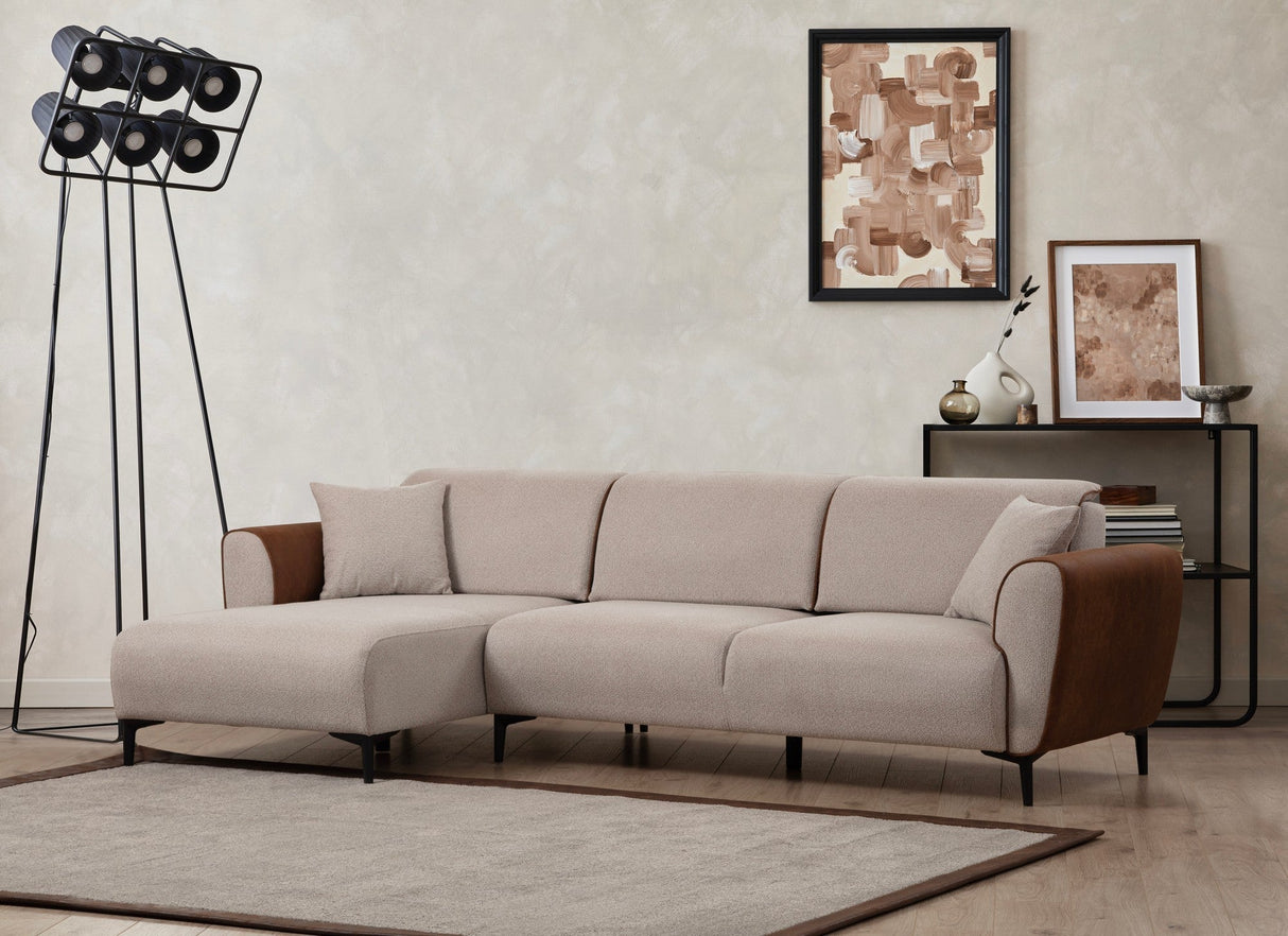 Canapea extensibilă Aren, Colț, Stânga, Diverse culori, 260x150 cm - Bej - Scorțișoară | SKU: 560ARE2232 | Canapea extensibilă Aren, Colț, Stânga, 260x150 cm, varianta Bej - Scorțișoară, produs pentru amenajarea locuinței, disponibil online în România la CasaMob