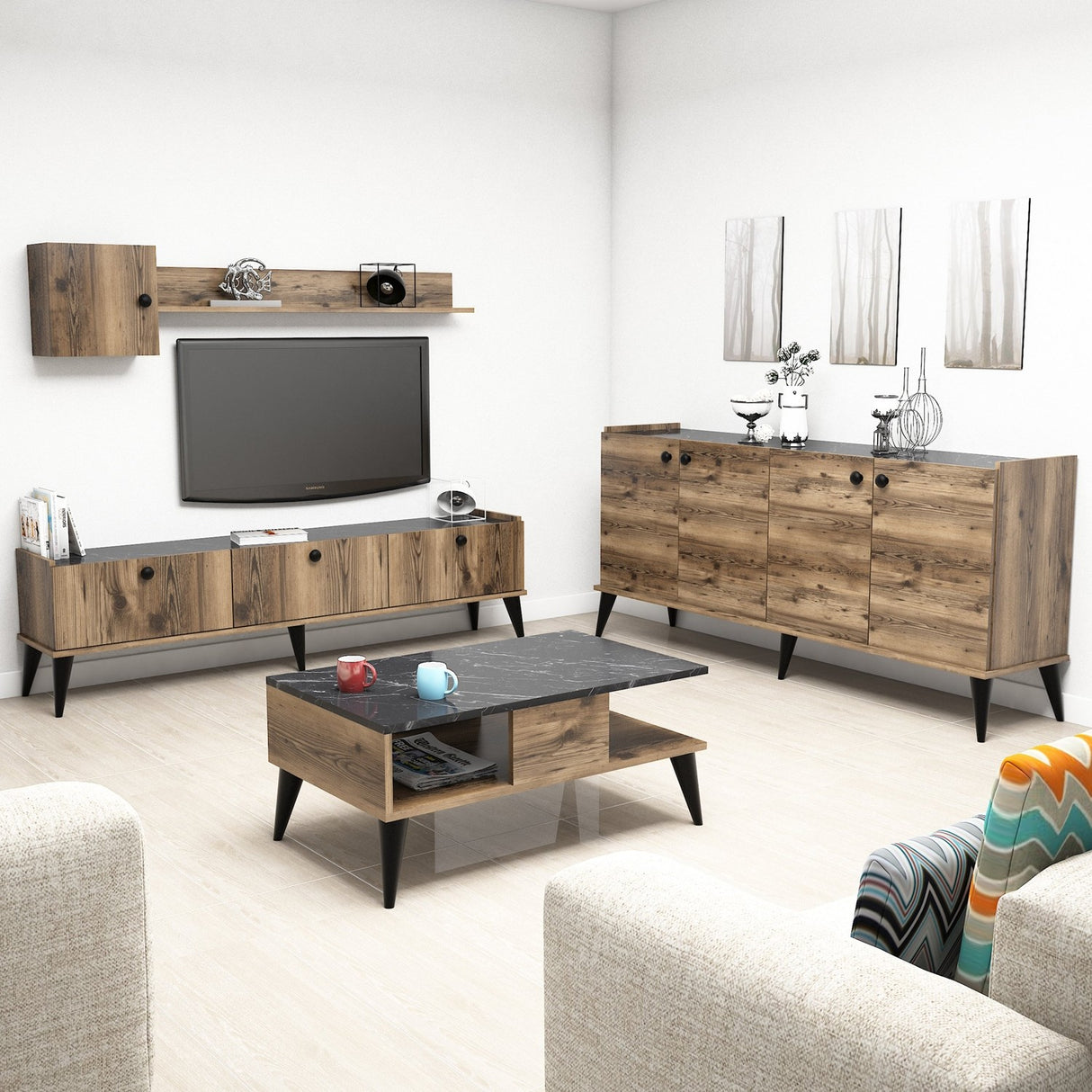 Set mobilă pentru sufragerie Lidya 2, Nuc - Marble, 180x35x49 cm