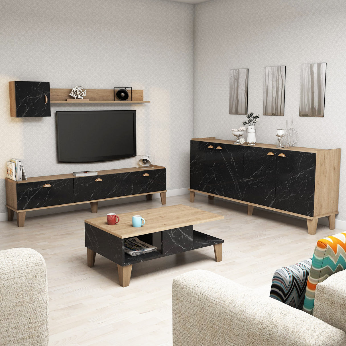 Set mobilă pentru sufragerie Sumer 2, Stejar - Marble, 178x35x45 cm