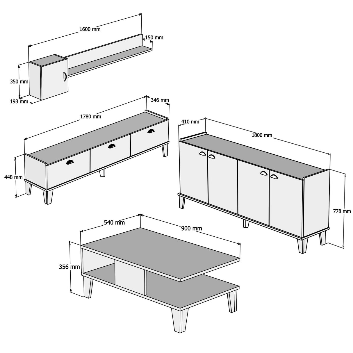 Set mobilă pentru sufragerie Sumer 2, Stejar - Marble, 178x35x45 cm