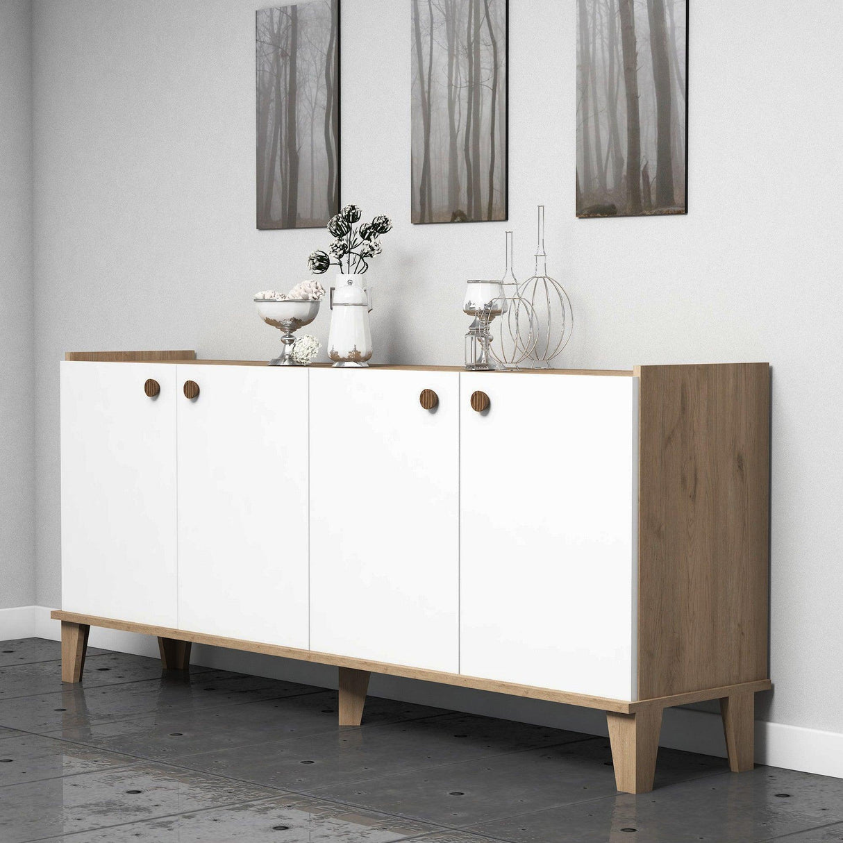 Comoda Living Sumer H3030, Stejar / Marmura / Alb - Alb, SKU 566BMS2602