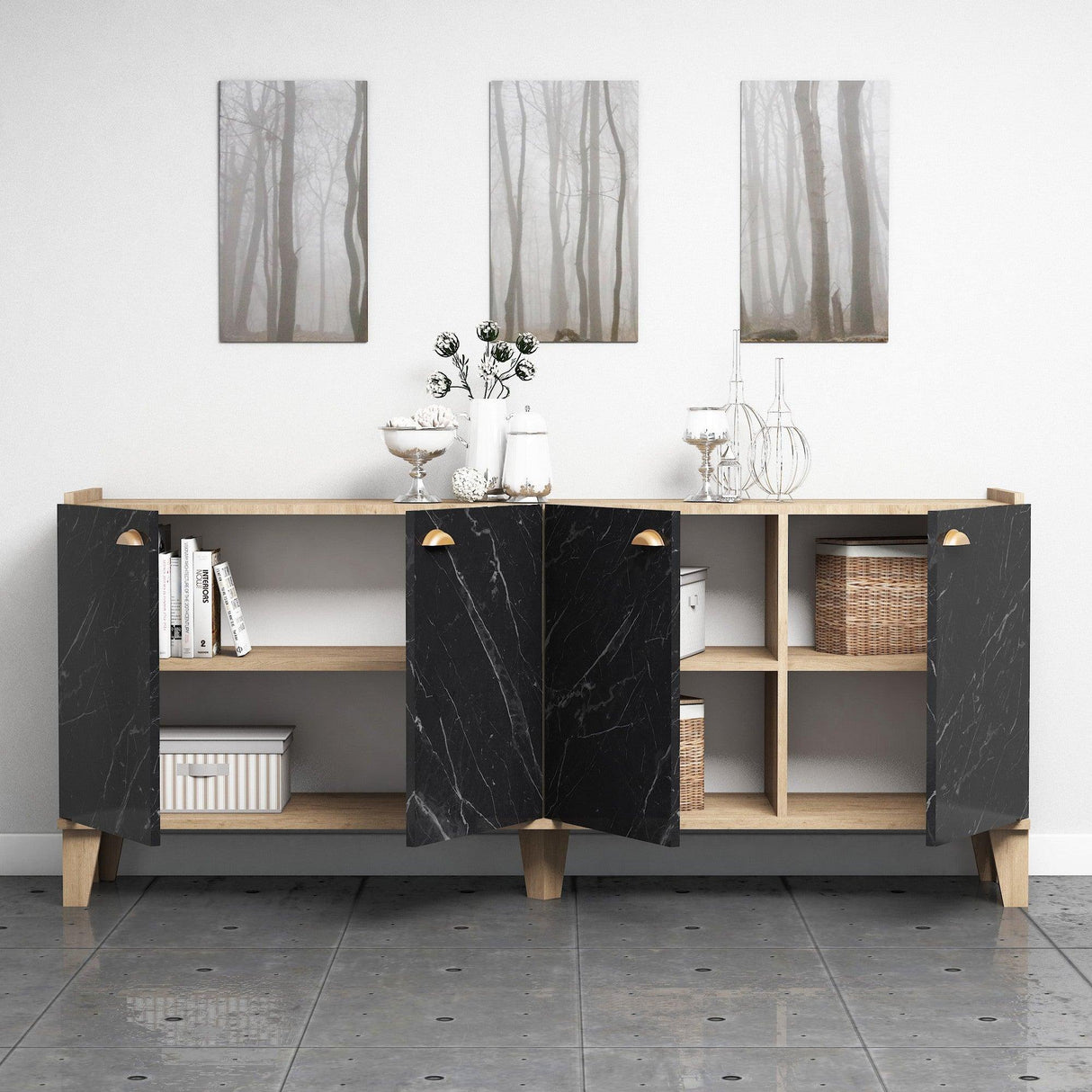 Comoda Living Sumer H3030, Stejar / Marmura / Alb - Negru, SKU 566BMS2602