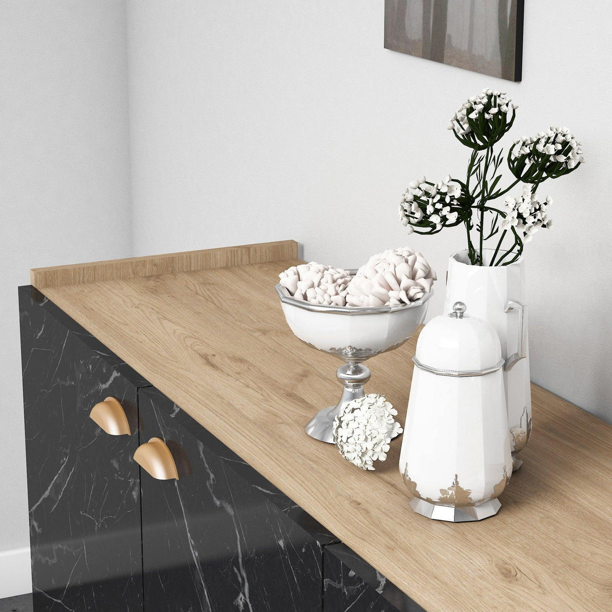 Comoda Living Sumer H3030, Stejar / Marmura / Alb - Negru, SKU 566BMS2602