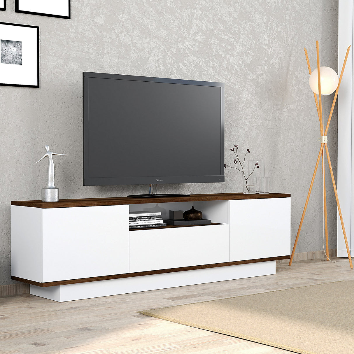 Comodă TV Yuki, Nuc baroc - Alb, 160x30x45 cm
