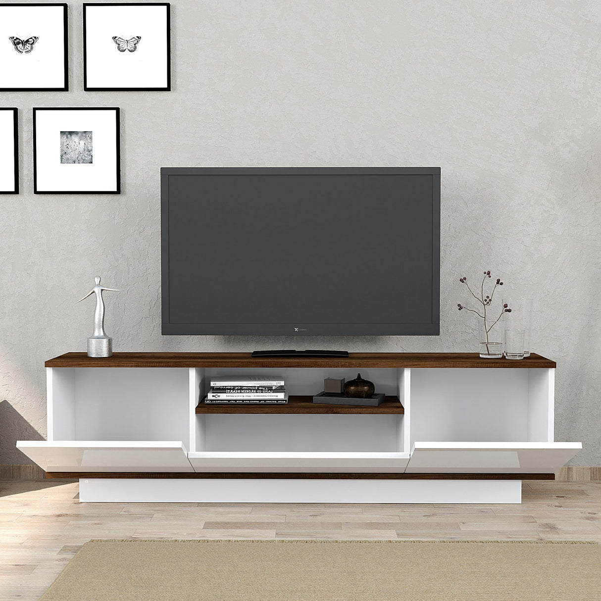Comodă TV Yuki, Nuc baroc - Alb, 160x30x45 cm