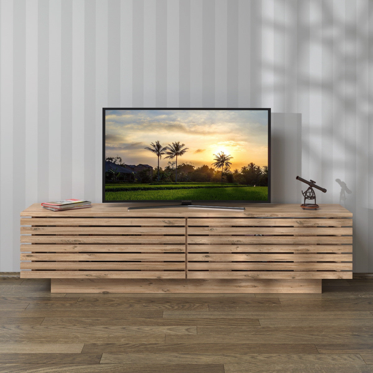 Comodă TV Beta Fluto, Nuc - Alb, 144x25x40 cm