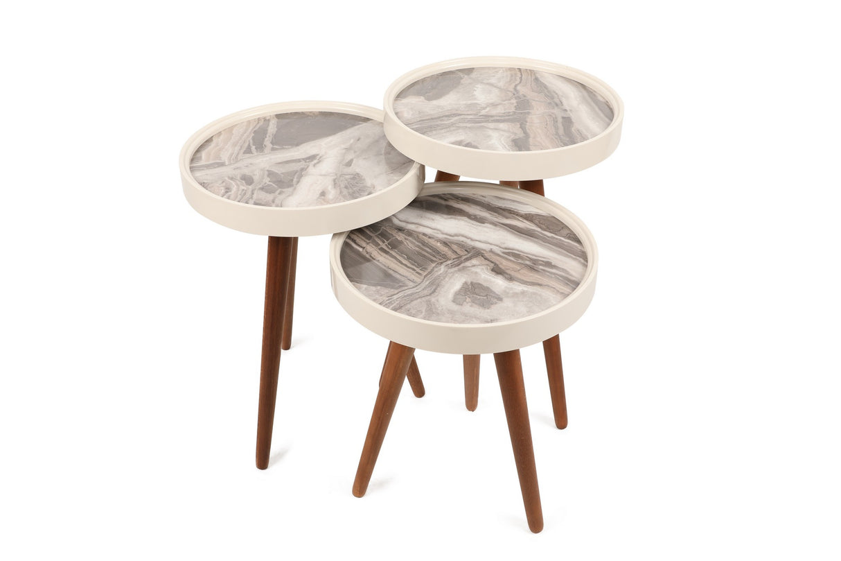 Set 3 măsuțe de cafea Neep, Alb - Nuc - Gri, 39x39x48 cm