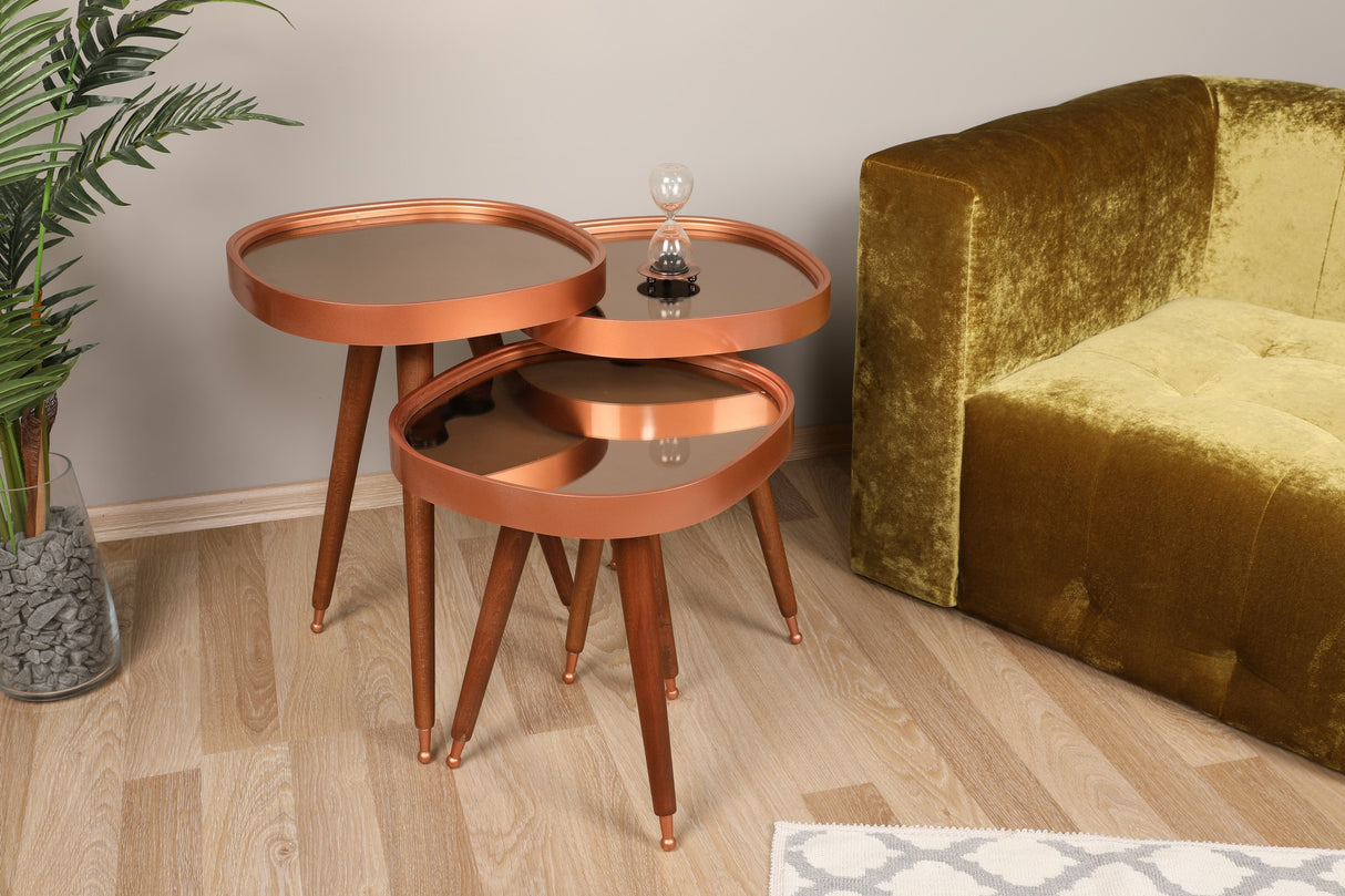 Set 3 măsuțe de cafea Pizzo, Rose gold - Nuc, 42x41x47 cm