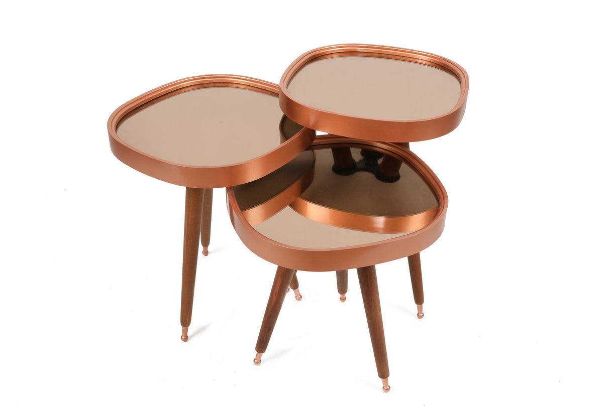Set 3 măsuțe de cafea Pizzo, Rose gold - Nuc, 42x41x47 cm