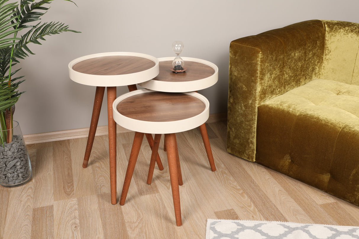 Set 3 măsuțe de cafea Wood, Nuc - Crem, 39x39x48 cm