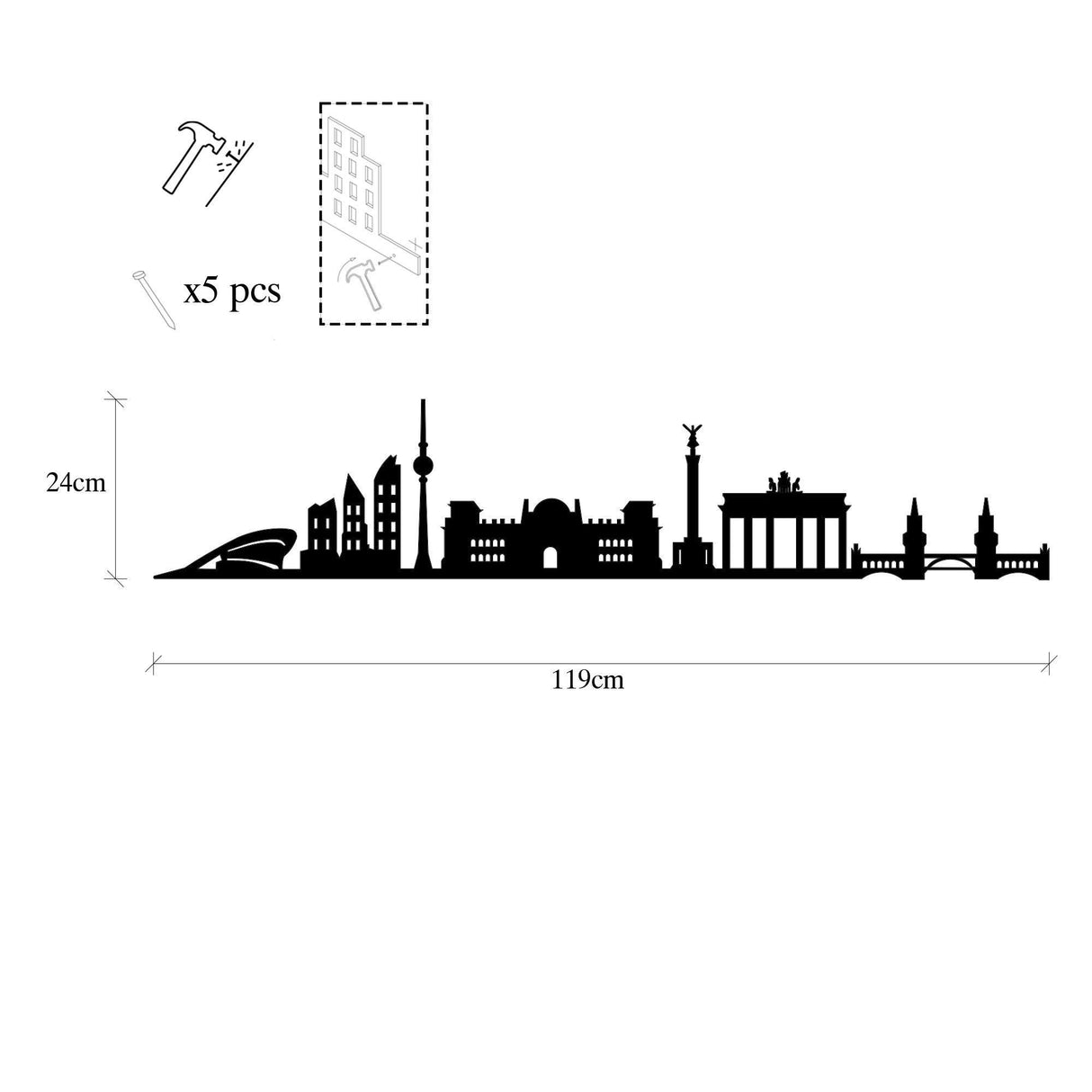 Decoratiune de perete Metal Berlin Skyline, Negru, 24x1x119 cm