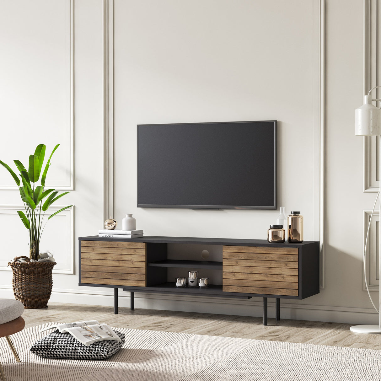 Comodă TV Colosseo, Negru - Nuc, 160x35x52 cm