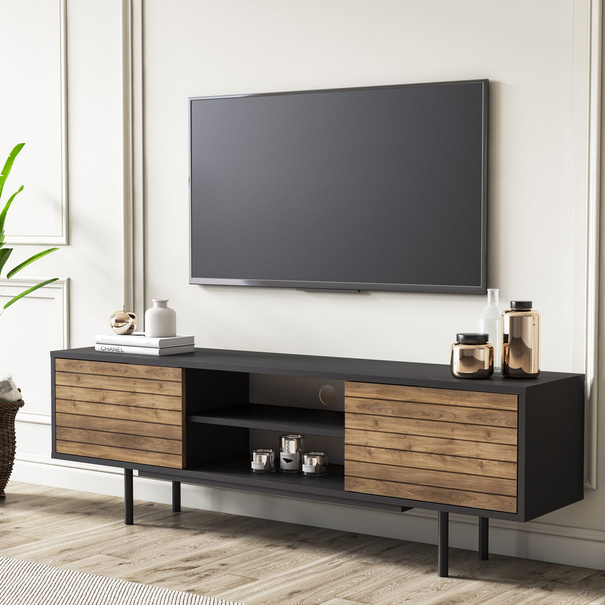 Comodă TV Colosseo, Negru - Nuc, 160x35x52 cm