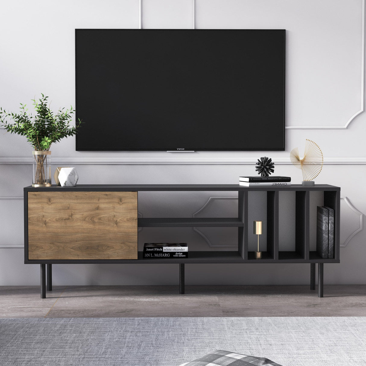 Comodă TV Pietra, Diverse culori, 160x35x57 cm - Nuc - Negru | SKU: 598MNM1110 | Comodă TV Pietra, 160x35x57 cm, varianta Nuc - Negru, produs pentru amenajarea locuinței, disponibil online în România la CasaMob