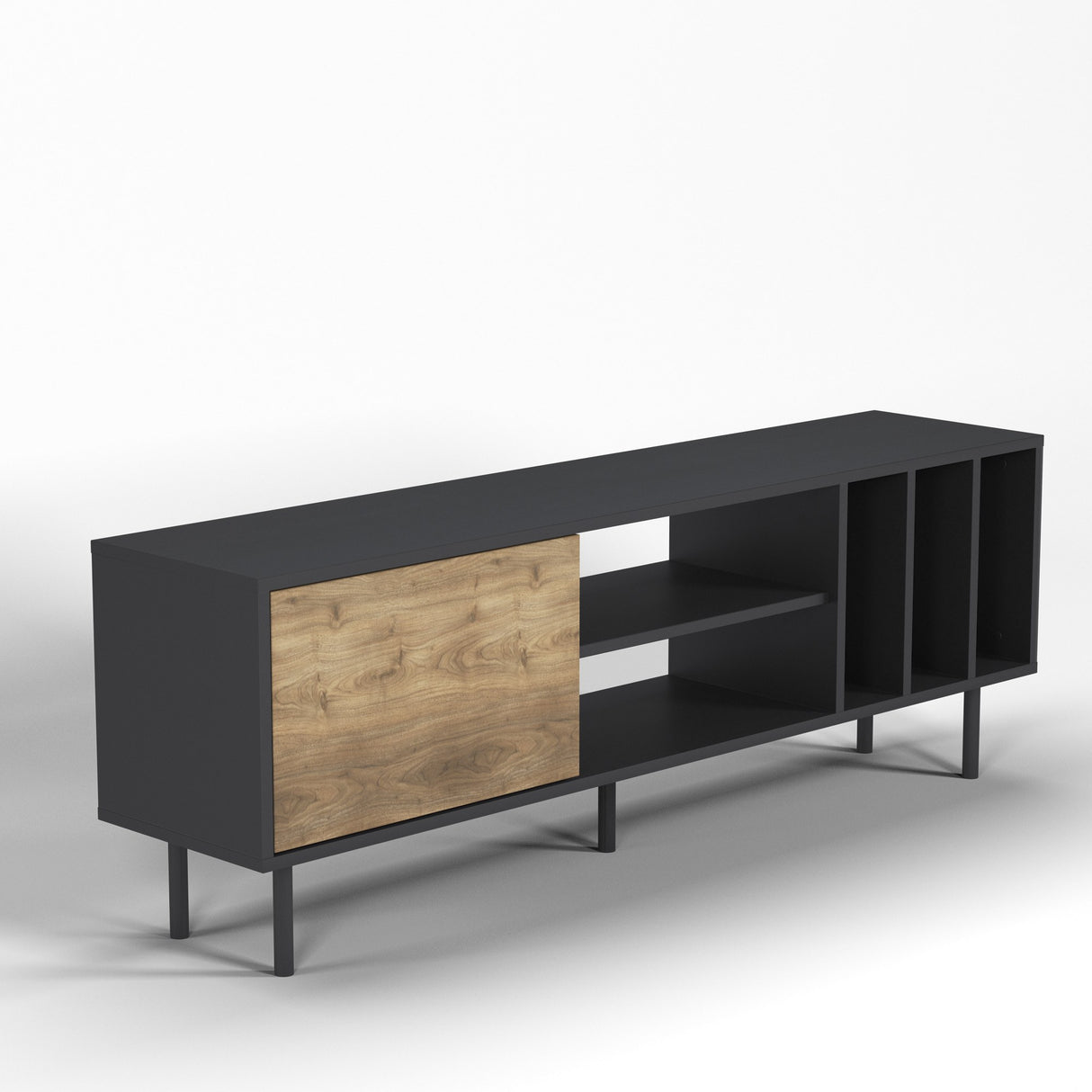 Comodă TV Pietra, Diverse culori, 160x35x57 cm - Nuc - Negru | SKU: 598MNM1110 | Comodă TV Pietra, 160x35x57 cm, varianta Nuc - Negru, produs pentru amenajarea locuinței, disponibil online în România la CasaMob
