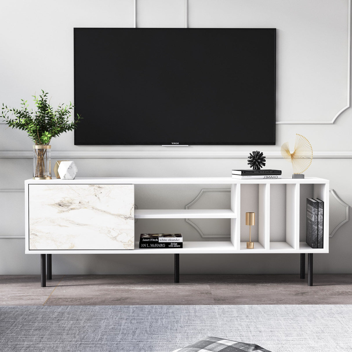 Comodă TV Pietra, Diverse culori, 160x35x57 cm - Alb | SKU: 598MNM1130 | Comodă TV Pietra, 160x35x57 cm, varianta Alb, produs pentru amenajarea locuinței, disponibil online în România la CasaMob