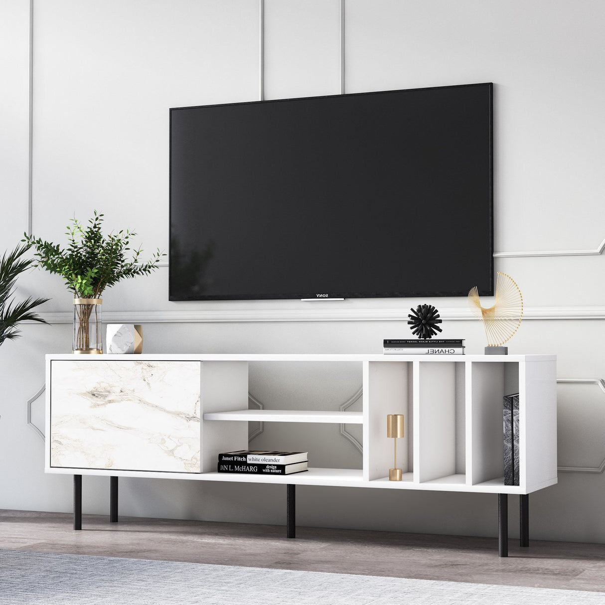 Comodă TV Pietra, Diverse culori, 160x35x57 cm - Alb | SKU: 598MNM1130 | Comodă TV Pietra, 160x35x57 cm, varianta Alb, produs pentru amenajarea locuinței, disponibil online în România la CasaMob