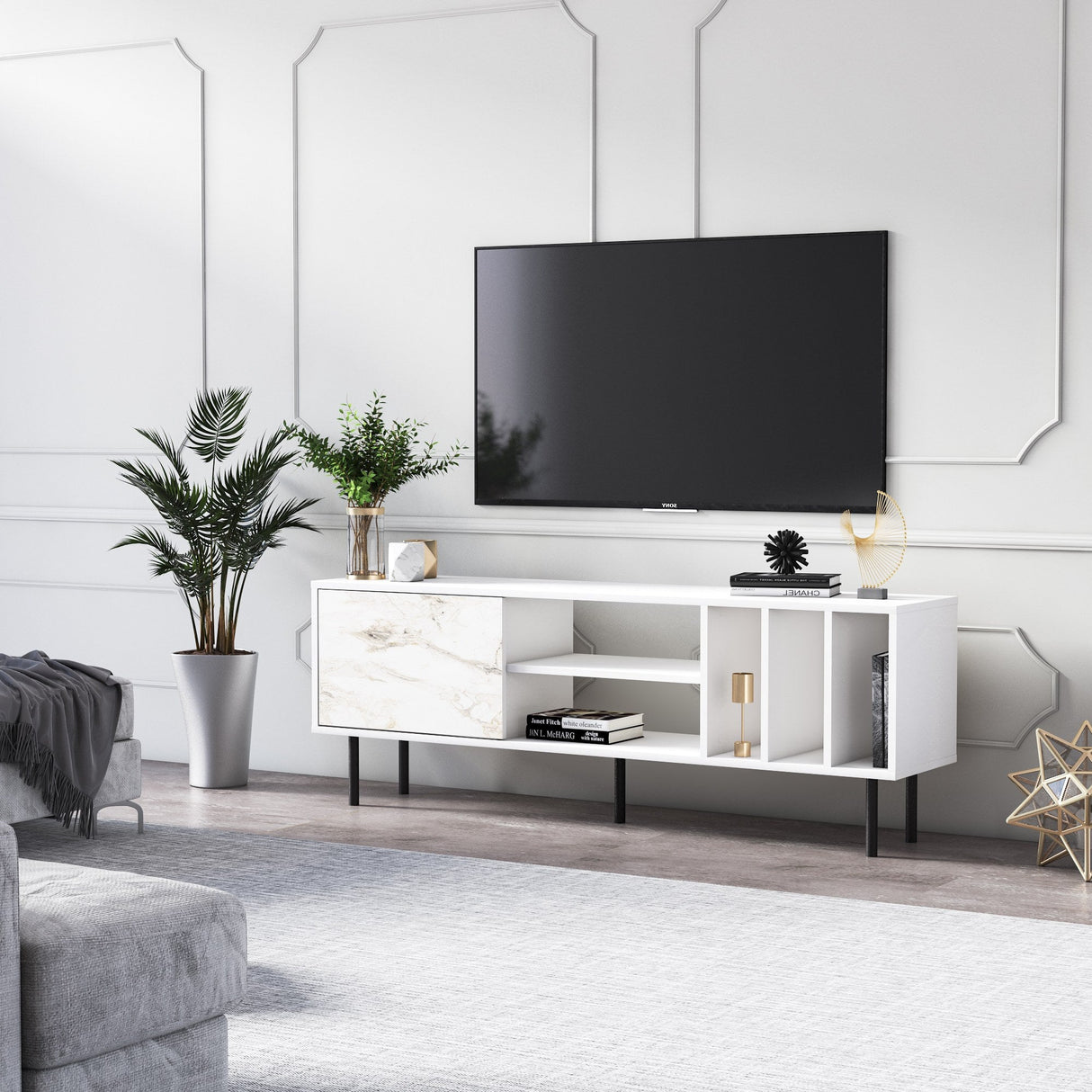 Comodă TV Pietra, Diverse culori, 160x35x57 cm - Alb | SKU: 598MNM1130 | Comodă TV Pietra, 160x35x57 cm, varianta Alb, produs pentru amenajarea locuinței, disponibil online în România la CasaMob