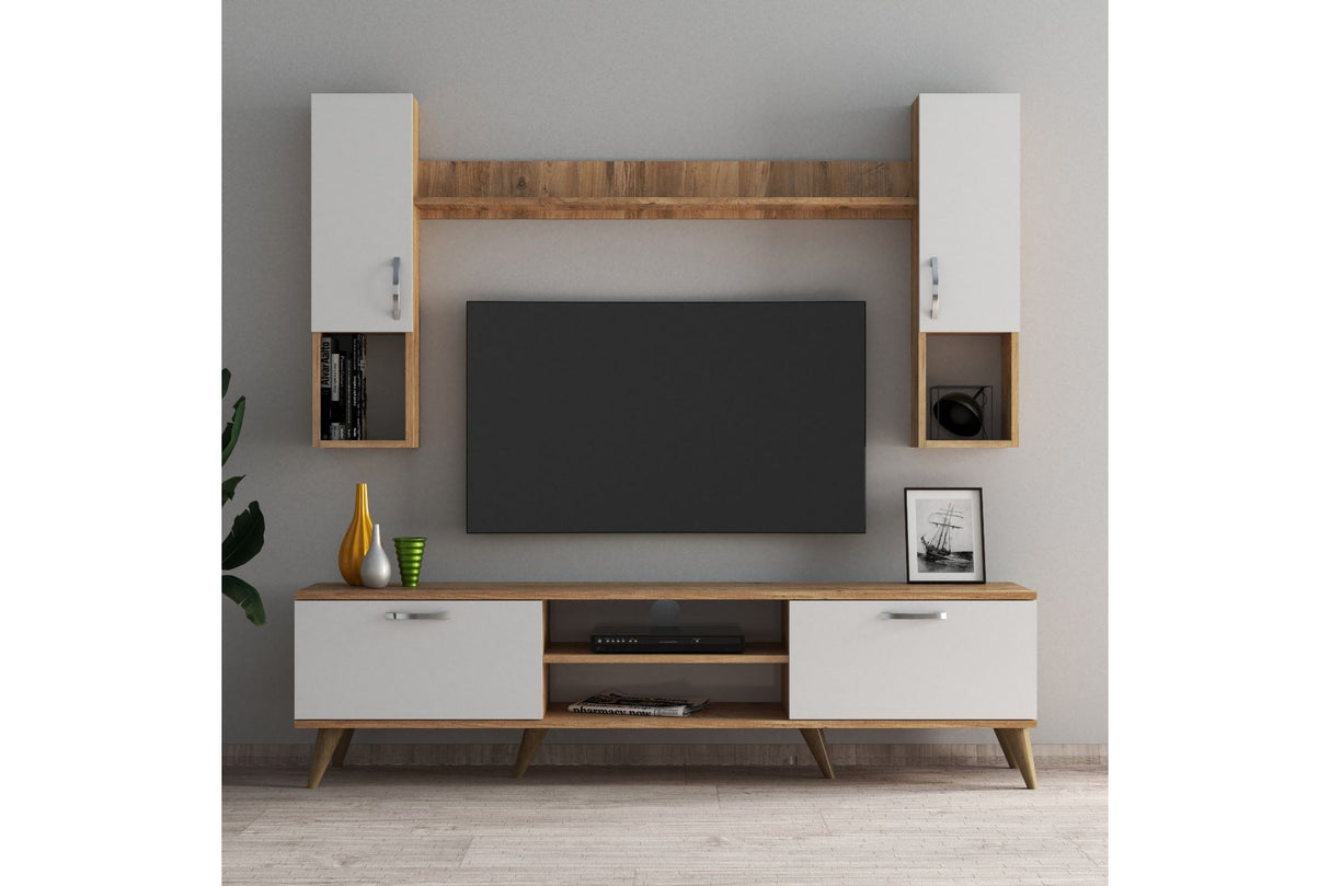 Comodă TV TVU0203, Alb - Pin atlantic, 180x35x48 cm