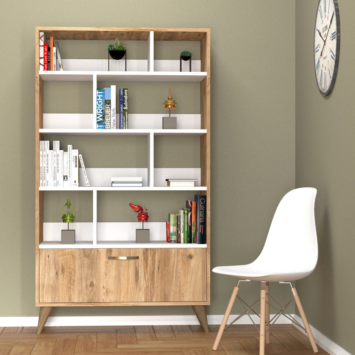 Bibliotecă KTB0202, Alb - Pin atlantic, 90x36x160 cm
