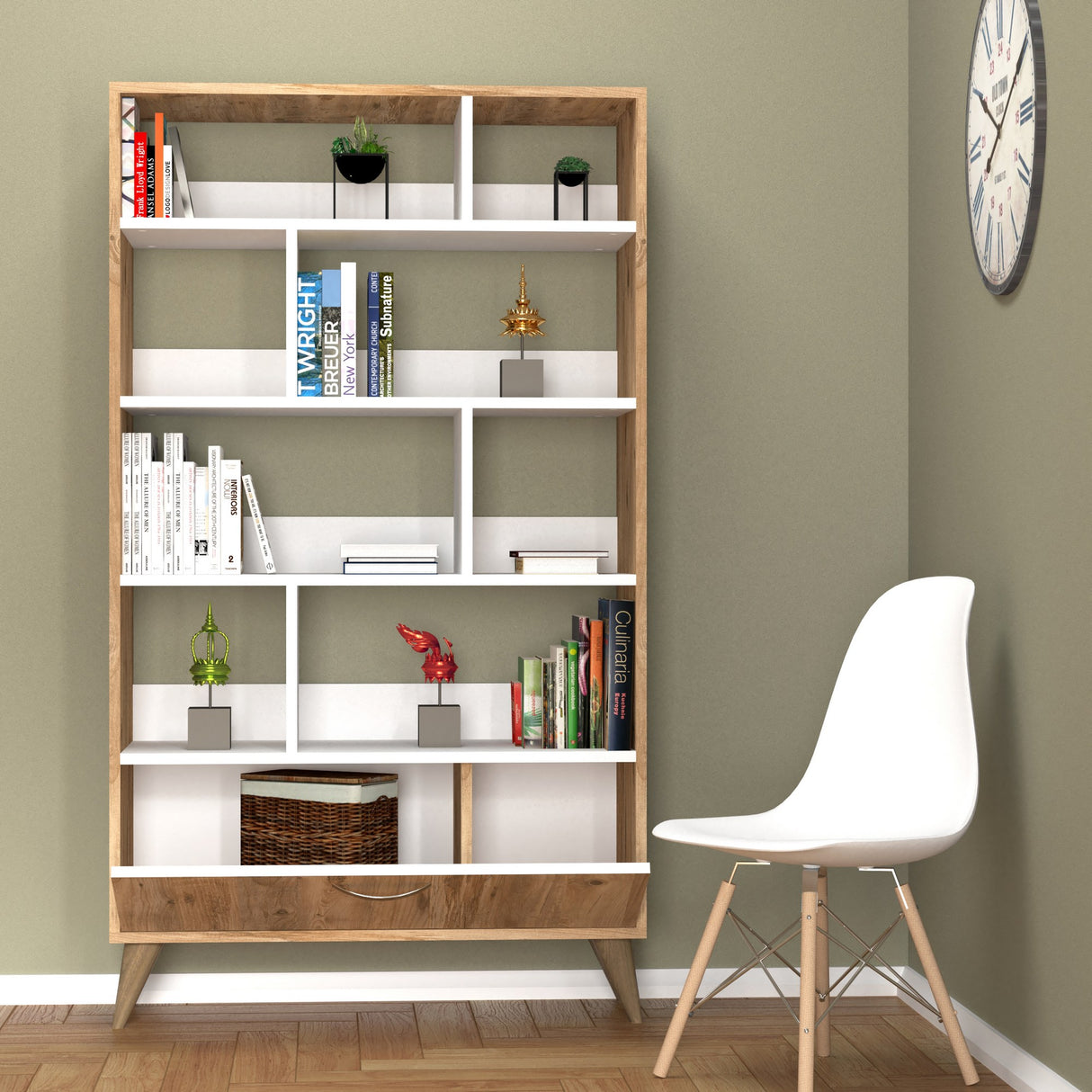 Bibliotecă KTB0202, Alb - Pin atlantic, 90x36x160 cm