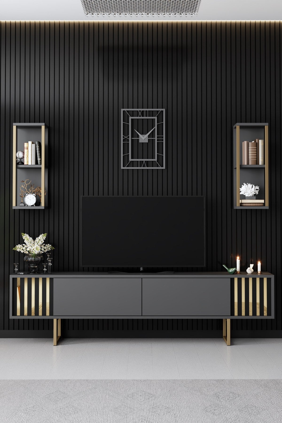Set mobilă pentru sufragerie Gold Line, Antracit - Auriu, 180x30x18 cm
