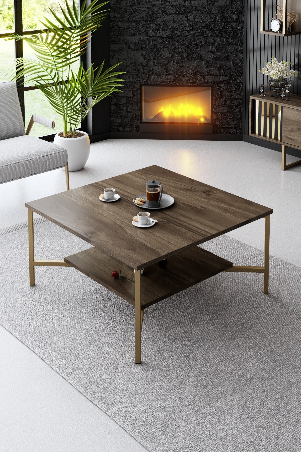 Set mobilă pentru sufragerie Gold Line - Walnut, Gold, Nuc - Negru, 180x30x18 cm