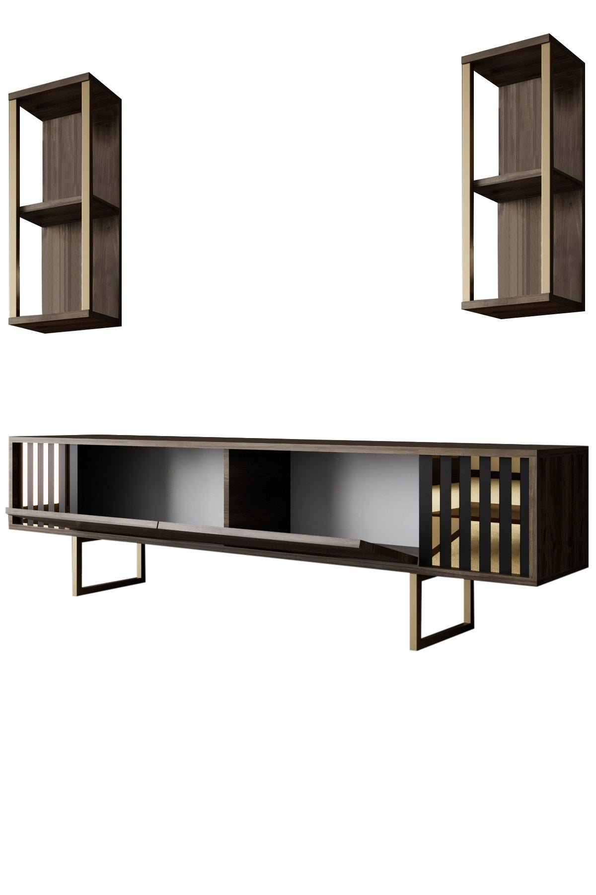 Set mobilă pentru sufragerie Gold Line - Walnut, Gold, Nuc - Negru, 180x30x18 cm