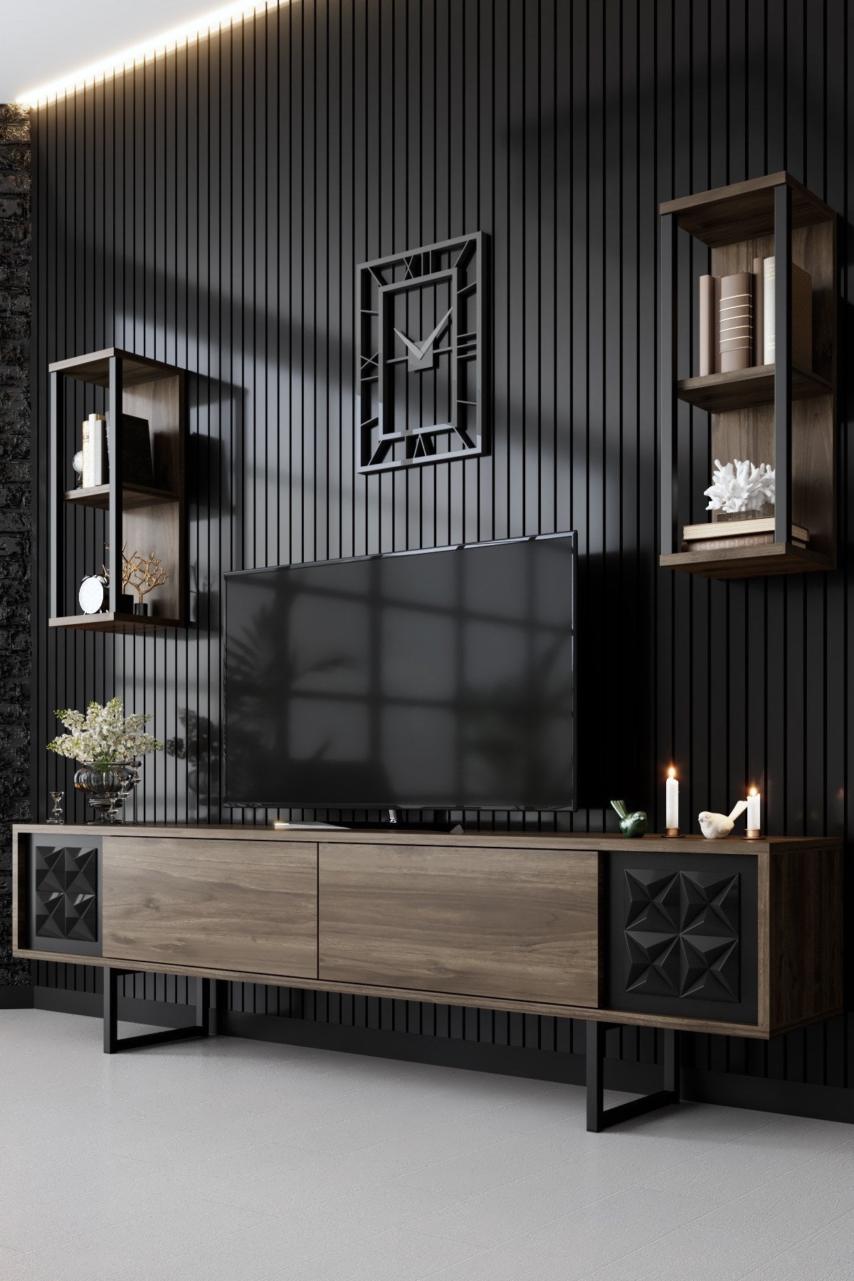 Set mobilă pentru sufragerie negru Line Set, Diverse culori, 180x30x18 cm - Nuc - Negru | SKU: 618BLY1155 | Set mobilă pentru sufragerie negru Line Set, 180x30x18 cm, varianta Nuc - Negru, produs pentru amenajarea locuinței, disponibil online în România la CasaMob