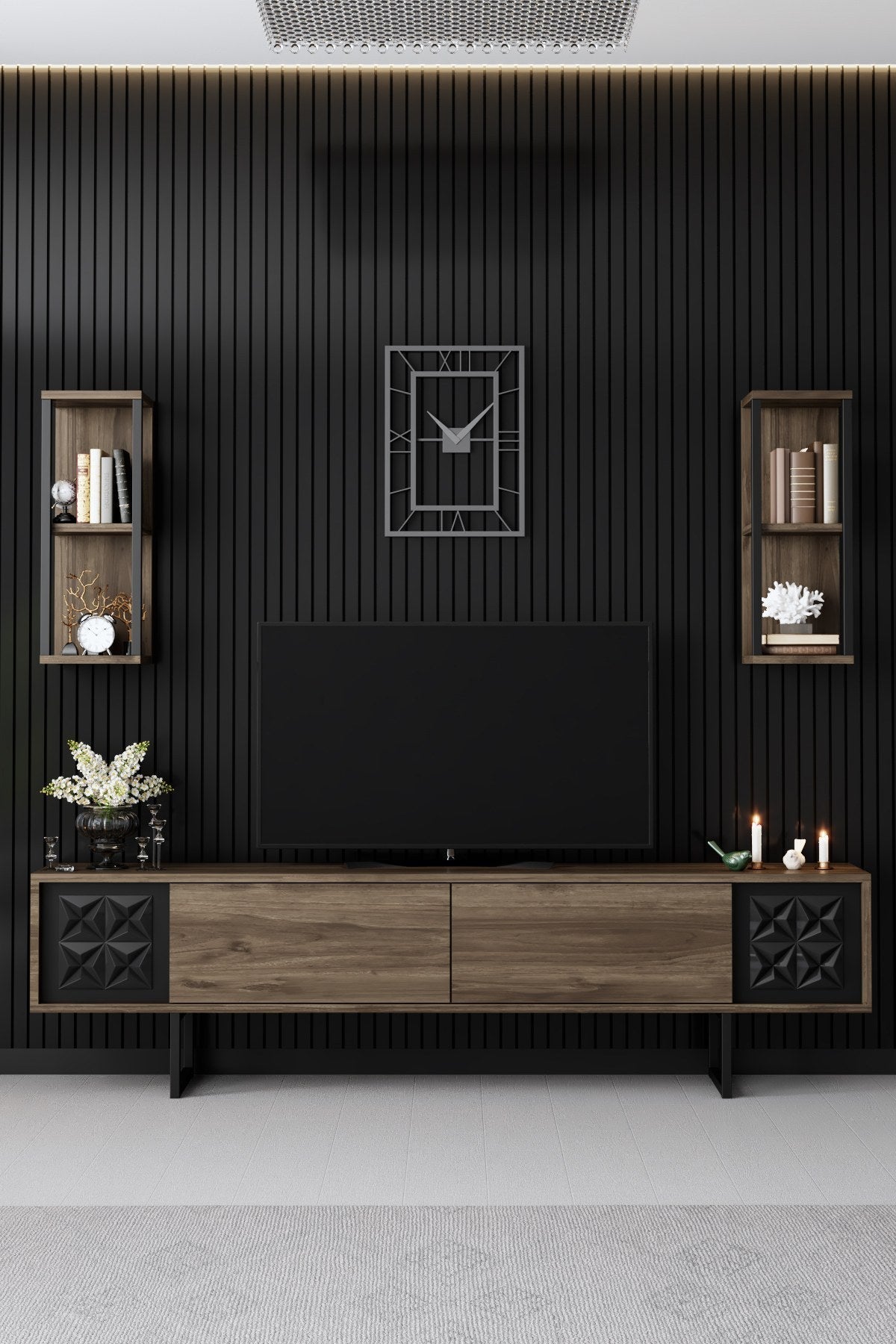 Set mobilă pentru sufragerie negru Line Set, Diverse culori, 180x30x18 cm - Nuc - Negru | SKU: 618BLY1155 | Set mobilă pentru sufragerie negru Line Set, 180x30x18 cm, varianta Nuc - Negru, produs pentru amenajarea locuinței, disponibil online în România la CasaMob
