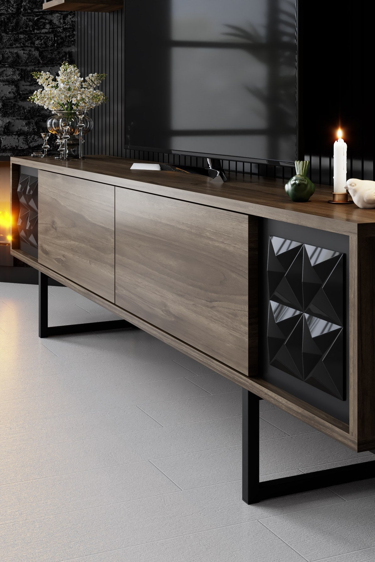 Set mobilă pentru sufragerie negru Line Set, Diverse culori, 180x30x18 cm - Nuc - Negru | SKU: 618BLY1155 | Set mobilă pentru sufragerie negru Line Set, 180x30x18 cm, varianta Nuc - Negru, produs pentru amenajarea locuinței, disponibil online în România la CasaMob