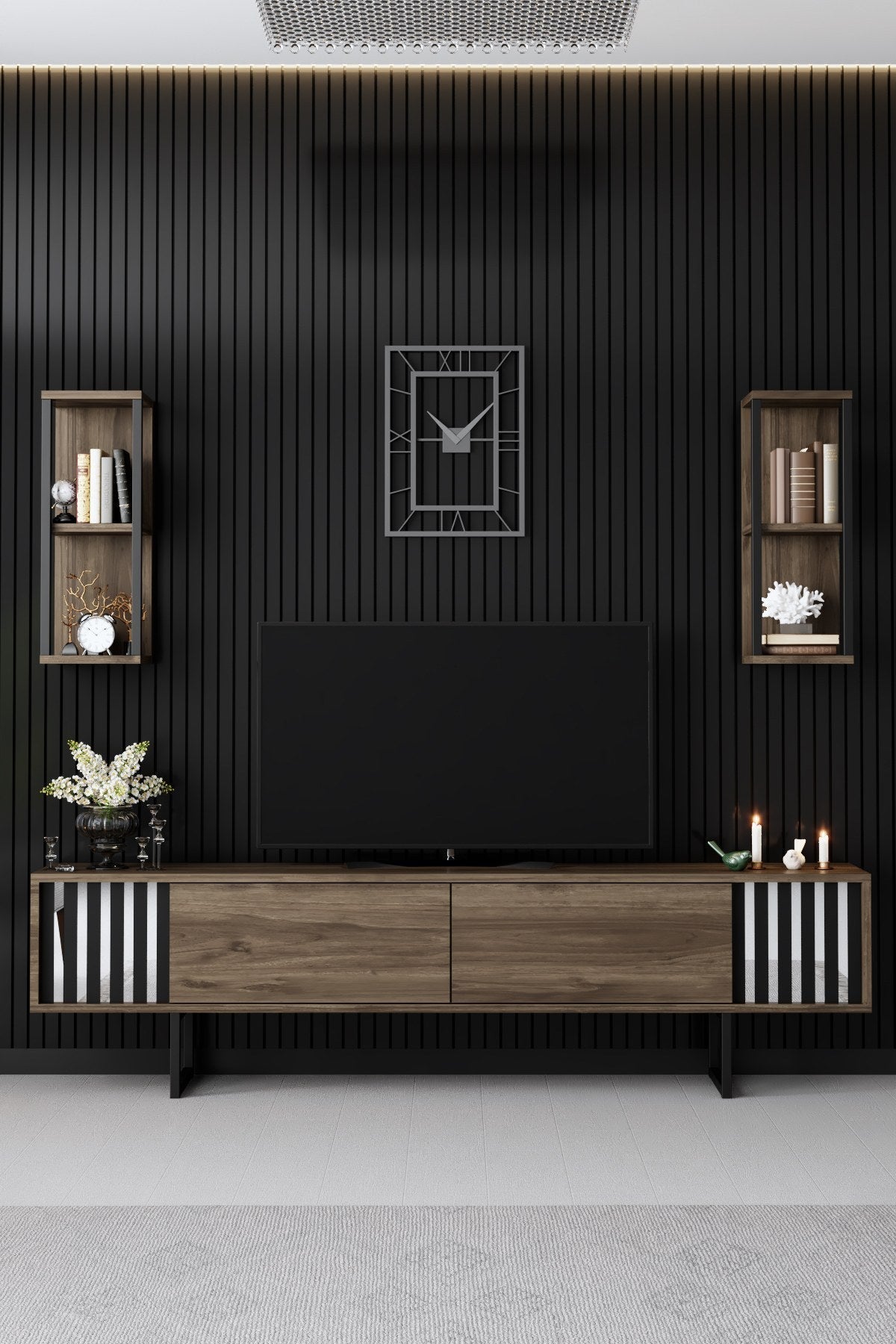 Set mobilă pentru sufragerie Chrome Line Set, Diverse culori, 180x30x18 cm - Nuc - Negru | SKU: 618BLY1158 | Set mobilă pentru sufragerie Chrome Line Set, 180x30x18 cm, varianta Nuc - Negru, produs pentru amenajarea locuinței, disponibil online în România la CasaMob
