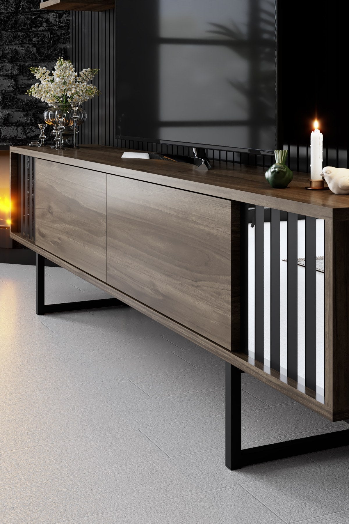Set mobilă pentru sufragerie Chrome Line Set, Diverse culori, 180x30x18 cm - Nuc - Negru | SKU: 618BLY1158 | Set mobilă pentru sufragerie Chrome Line Set, 180x30x18 cm, varianta Nuc - Negru, produs pentru amenajarea locuinței, disponibil online în România la CasaMob