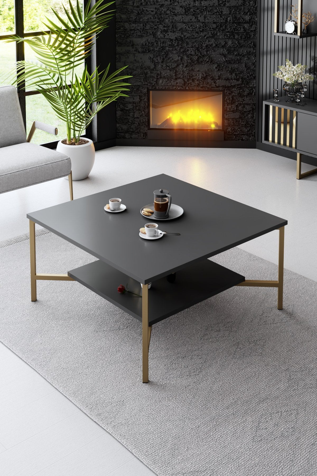Set mobilă pentru sufragerie Gold Line, Antracit - Auriu, 180x30x18 cm