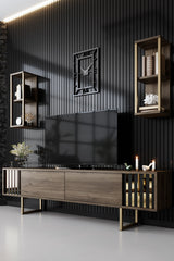 Set mobilă pentru sufragerie Gold Line - Walnut, Gold, Nuc - Negru, 180x30x18 cm