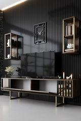 Set mobilă pentru sufragerie Gold Line - Walnut, Gold, Nuc - Negru, 180x30x18 cm