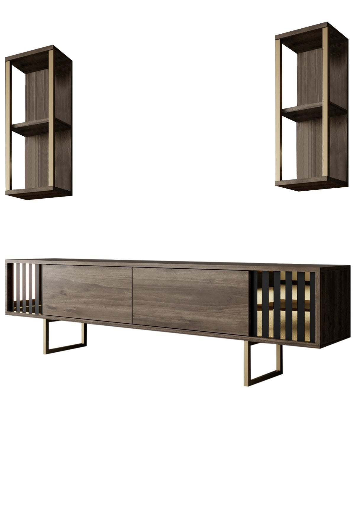 Set mobilă pentru sufragerie Gold Line - Walnut, Gold, Nuc - Negru, 180x30x18 cm