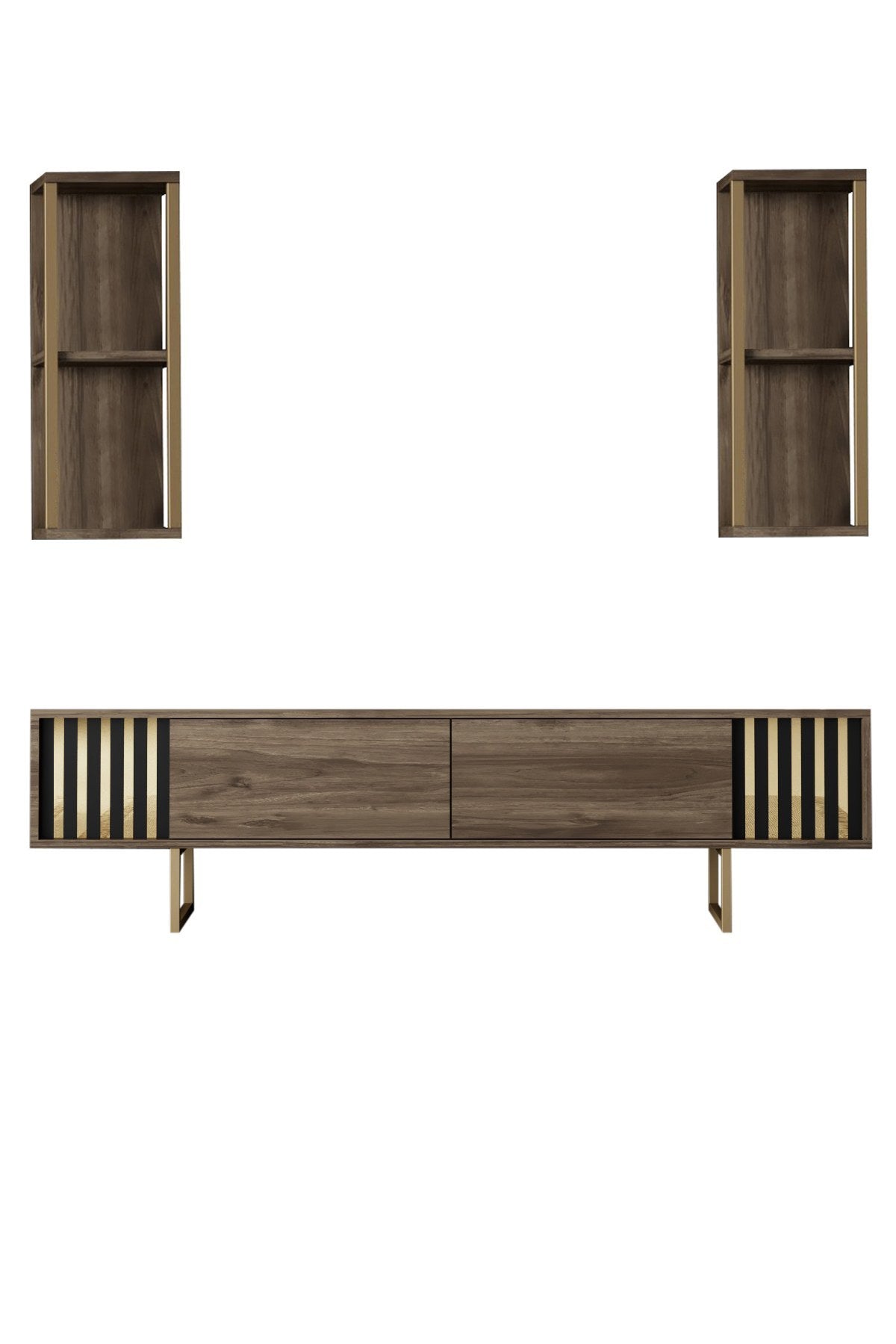 Set mobilă pentru sufragerie Gold Line - Walnut, Gold, Nuc - Negru, 180x30x18 cm