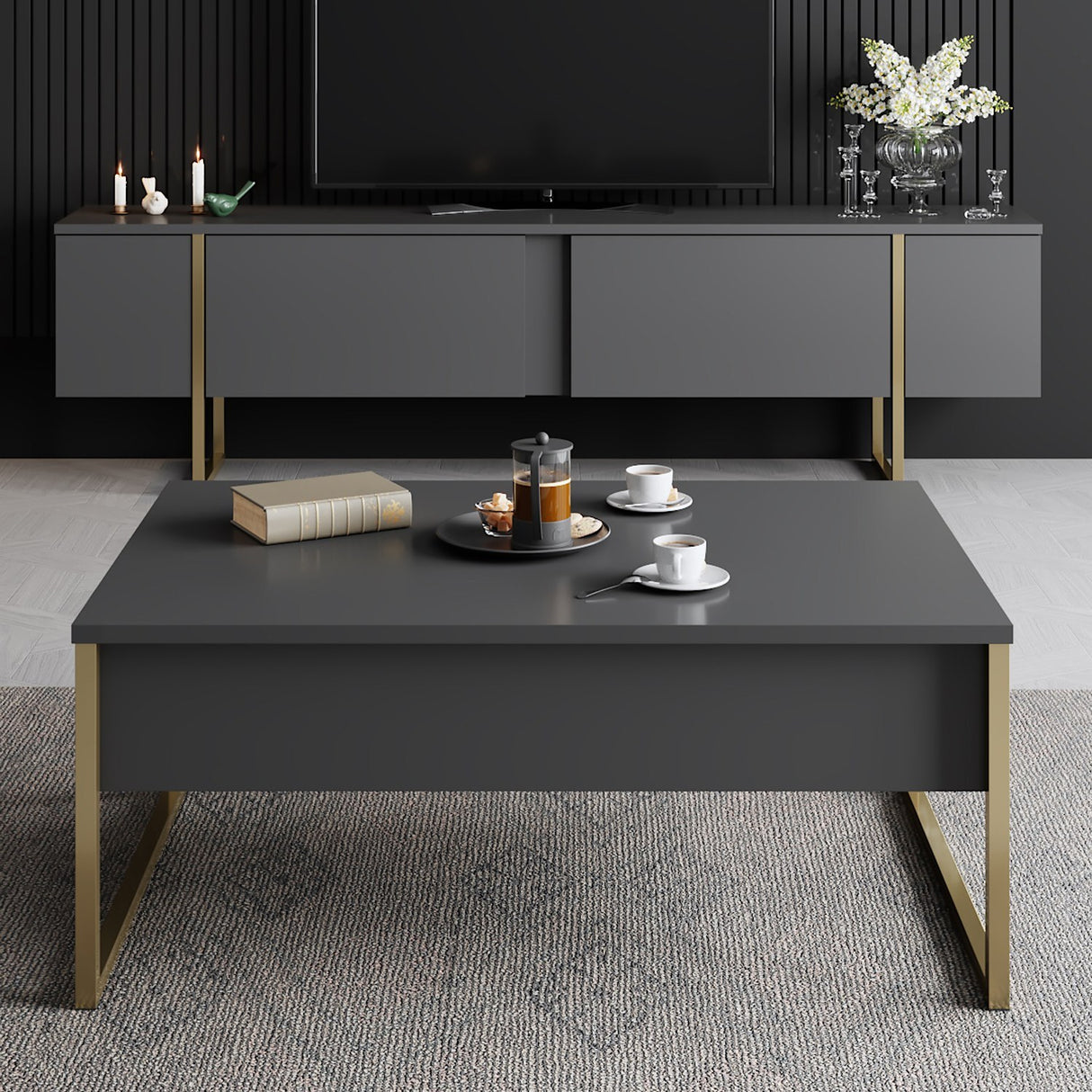 Set mobilă pentru sufragerie Luxe Set, Diverse culori, 180x30x47 cm - Antracit - Auriu | SKU: 618BLY1170 | Set mobilă pentru sufragerie Luxe Set, 180x30x47 cm, varianta Antracit - Auriu, produs pentru amenajarea locuinței, disponibil online în România la CasaMob