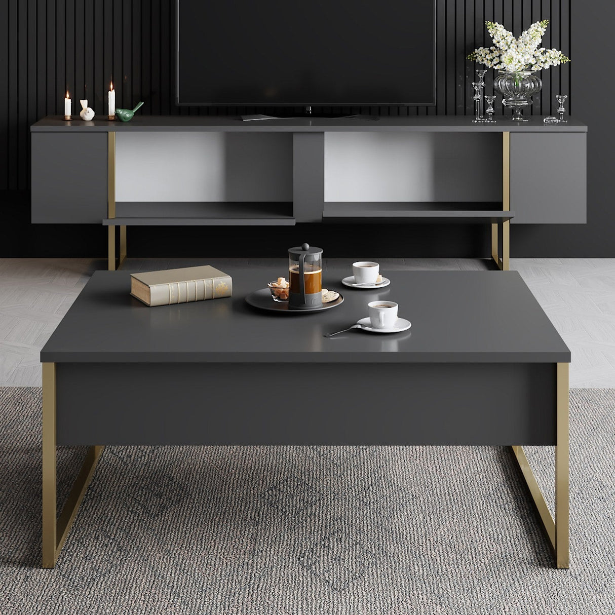 Set mobilă pentru sufragerie Luxe Set, Diverse culori, 180x30x47 cm - Antracit - Auriu | SKU: 618BLY1170 | Set mobilă pentru sufragerie Luxe Set, 180x30x47 cm, varianta Antracit - Auriu, produs pentru amenajarea locuinței, disponibil online în România la CasaMob