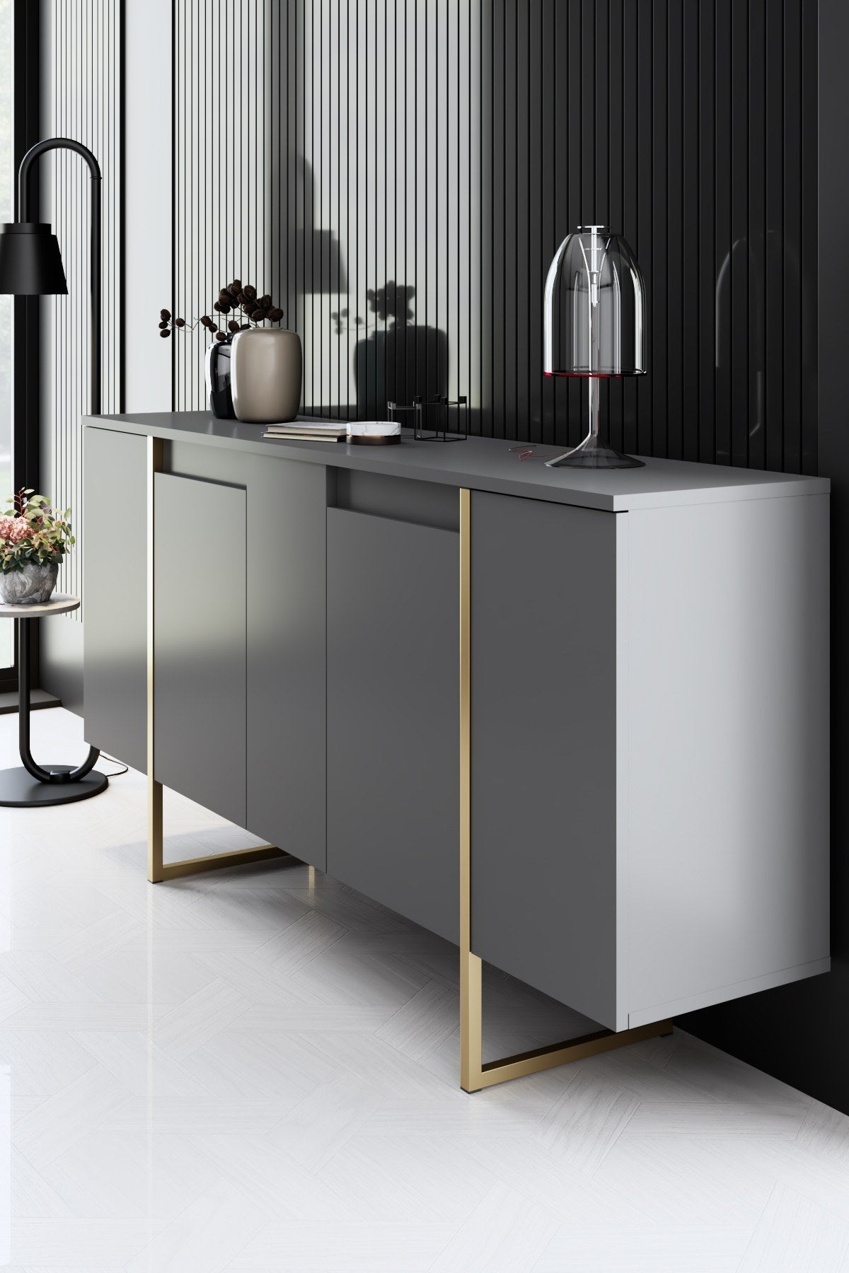Set mobilă pentru sufragerie Luxe, Diverse culori, Diverse dimensiuni - Antracit - Auriu - 160x35x80 cm | SKU: 618BLY1184 | Set mobilă pentru sufragerie Luxe, varianta Antracit - Auriu - 160x35x80 cm, produs pentru amenajarea locuinței, disponibil online în România la CasaMob