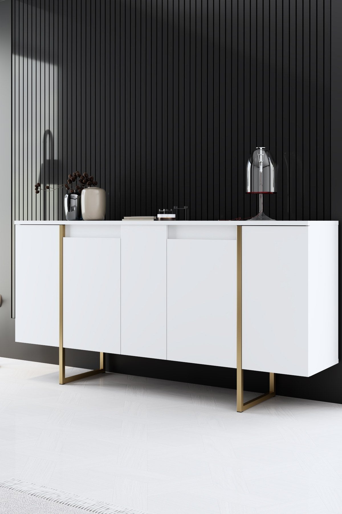 Set mobilă pentru sufragerie Luxe, Diverse culori, Diverse dimensiuni - Alb - Auriu - 160x35x80 cm | SKU: 618BLY1185 | Set mobilă pentru sufragerie Luxe, varianta Alb - Auriu - 160x35x80 cm, produs pentru amenajarea locuinței, disponibil online în România la CasaMob