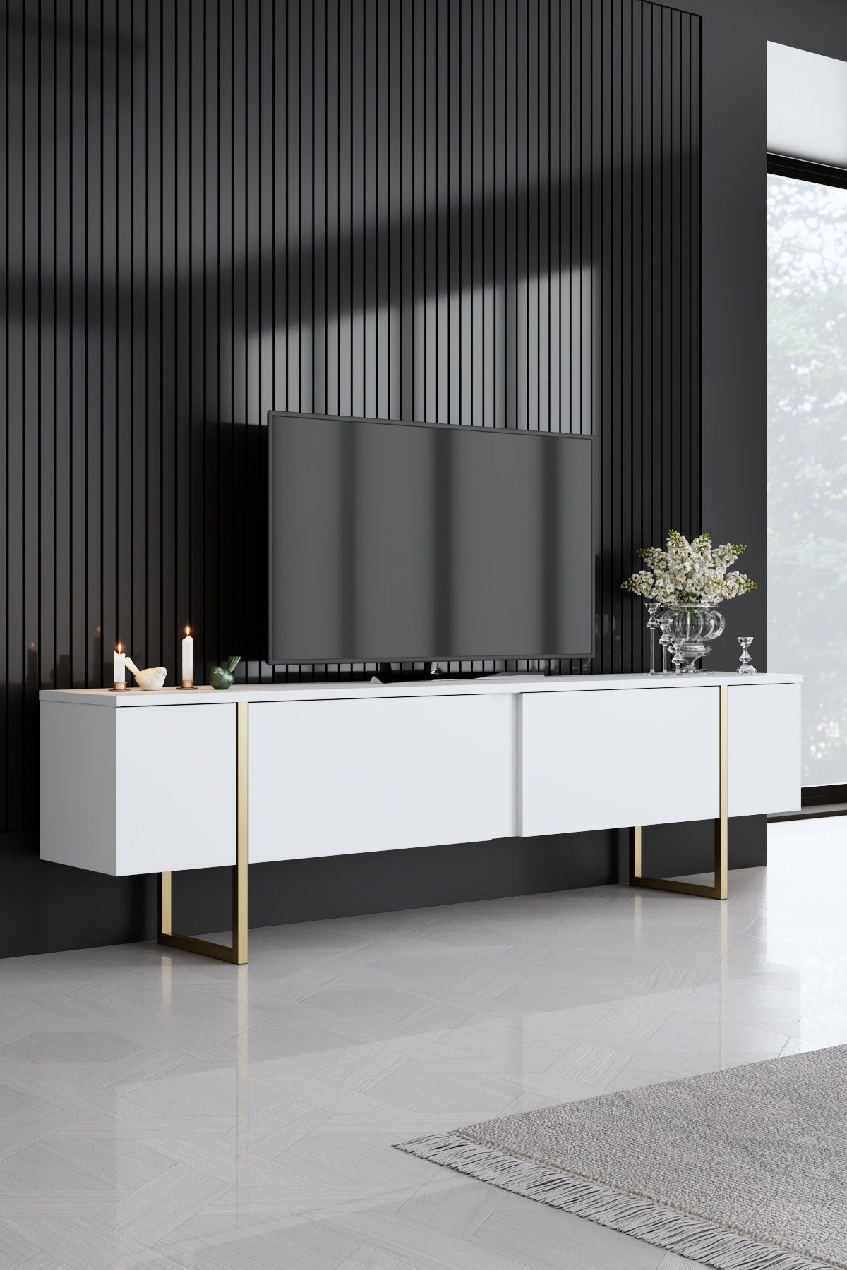 Set mobilă pentru sufragerie Luxe, Diverse culori, Diverse dimensiuni - Alb - Auriu - 160x35x80 cm | SKU: 618BLY1185 | Set mobilă pentru sufragerie Luxe, varianta Alb - Auriu - 160x35x80 cm, produs pentru amenajarea locuinței, disponibil online în România la CasaMob