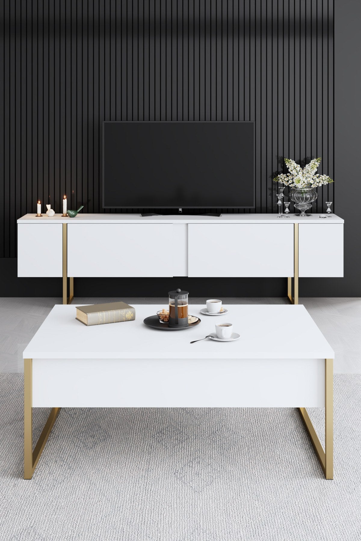 Set mobilă pentru sufragerie Luxe, Diverse culori, Diverse dimensiuni - Alb - Auriu - 160x35x80 cm | SKU: 618BLY1185 | Set mobilă pentru sufragerie Luxe, varianta Alb - Auriu - 160x35x80 cm, produs pentru amenajarea locuinței, disponibil online în România la CasaMob
