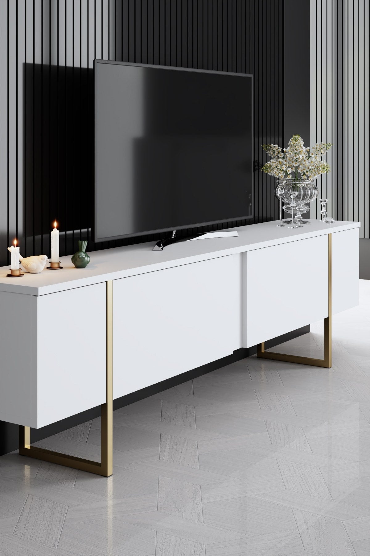Set mobilă pentru sufragerie Luxe, Diverse culori, Diverse dimensiuni - Alb - Auriu - 160x35x80 cm | SKU: 618BLY1185 | Set mobilă pentru sufragerie Luxe, varianta Alb - Auriu - 160x35x80 cm, produs pentru amenajarea locuinței, disponibil online în România la CasaMob