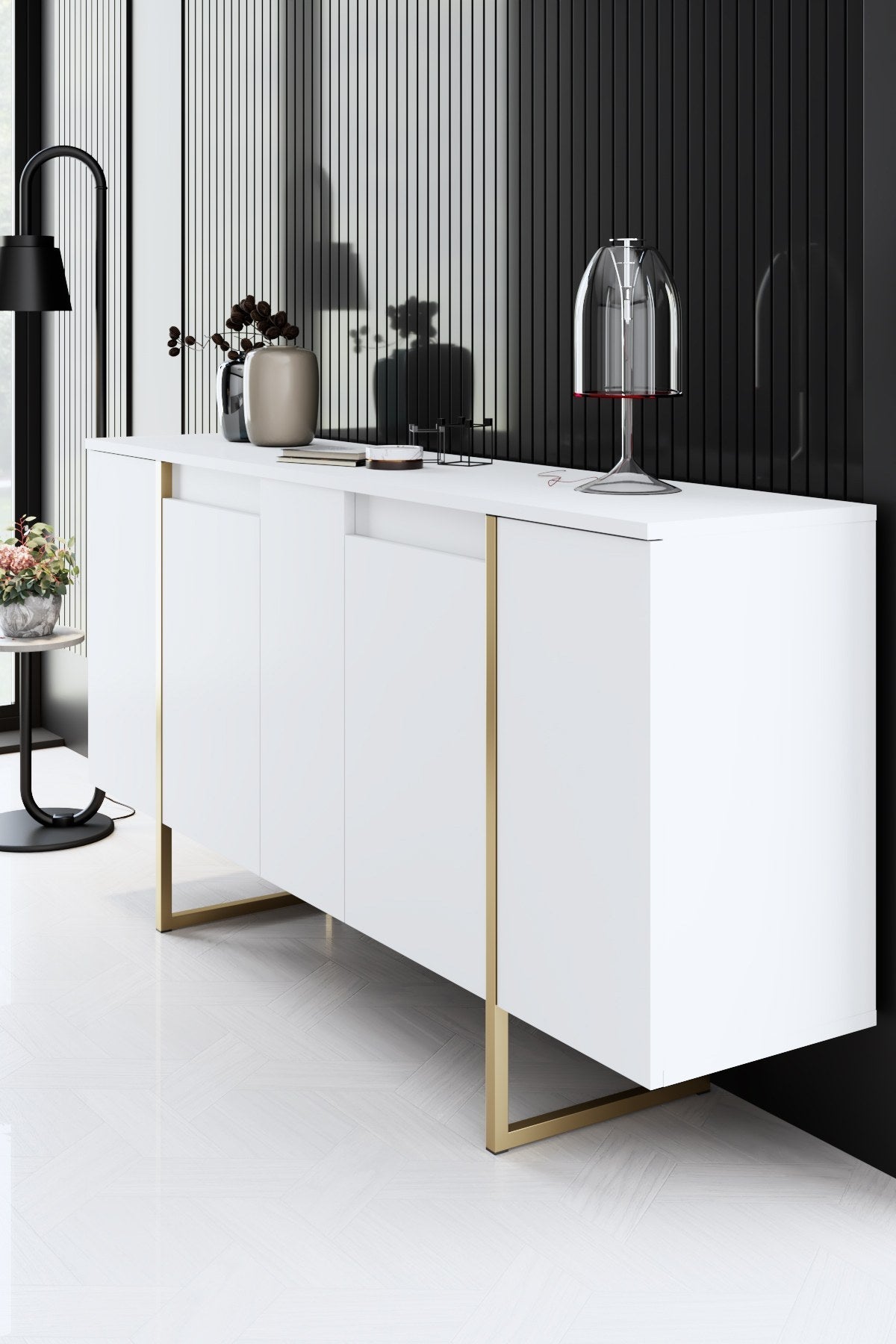Set mobilă pentru sufragerie Luxe, Diverse culori, Diverse dimensiuni - Alb - Auriu - 160x35x80 cm | SKU: 618BLY1185 | Set mobilă pentru sufragerie Luxe, varianta Alb - Auriu - 160x35x80 cm, produs pentru amenajarea locuinței, disponibil online în România la CasaMob