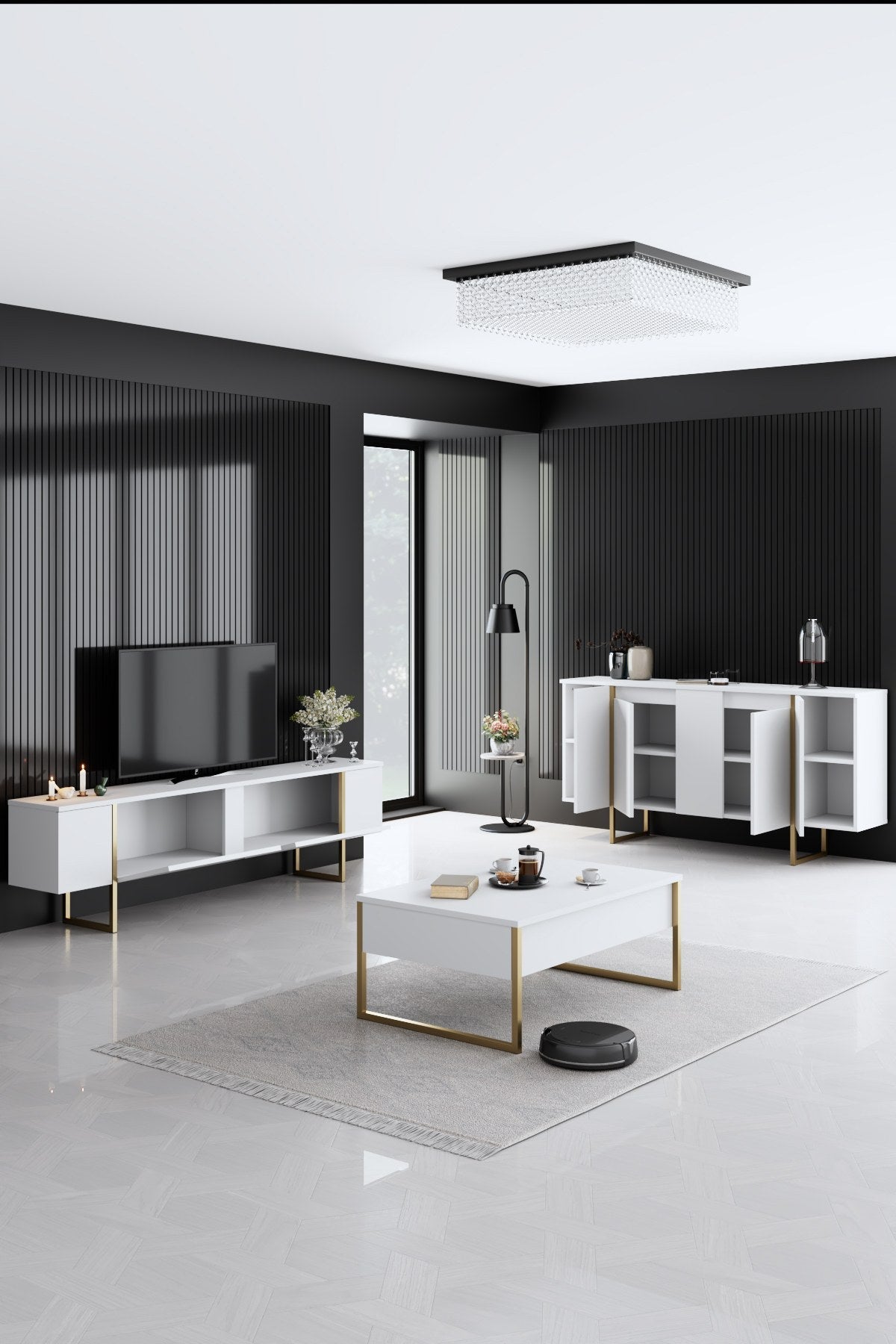 Set mobilă pentru sufragerie Luxe, Diverse culori, Diverse dimensiuni - Alb - Auriu - 160x35x80 cm | SKU: 618BLY1185 | Set mobilă pentru sufragerie Luxe, varianta Alb - Auriu - 160x35x80 cm, produs pentru amenajarea locuinței, disponibil online în România la CasaMob