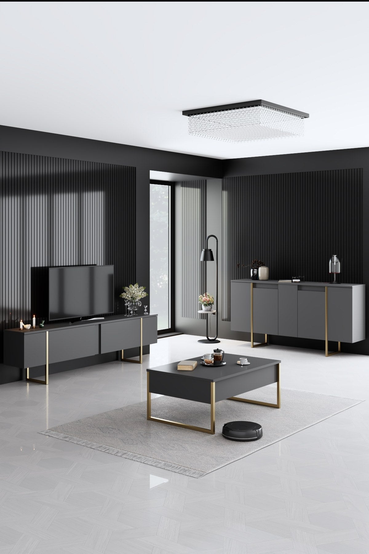 Set mobilă pentru sufragerie Luxe, Diverse culori, Diverse dimensiuni - Antracit - Auriu - 160x35x80 cm | SKU: 618BLY1184 | Set mobilă pentru sufragerie Luxe, varianta Antracit - Auriu - 160x35x80 cm, produs pentru amenajarea locuinței, disponibil online în România la CasaMob
